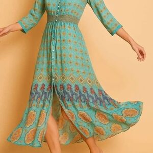 Guadalupe Chic Teal Floral Long Sleeve Dress Small 1382